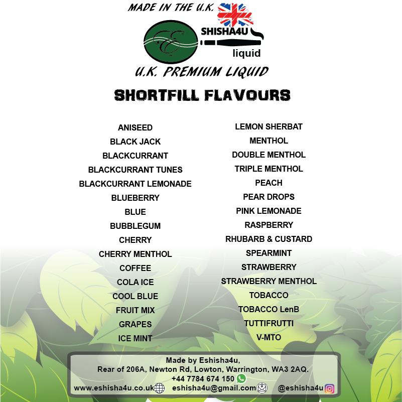eshisha4u shortfill flavour list